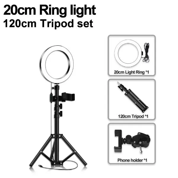Светодиодный кольцевой светильник 16/20/26 см 5600K 64 светодиодный s селфи кольцо для фотосъемки с лампами светильник ing с штатив с держателем для телефона и usb-разъем для студийной фотосъемки - Цвет: 20cm type 120cm
