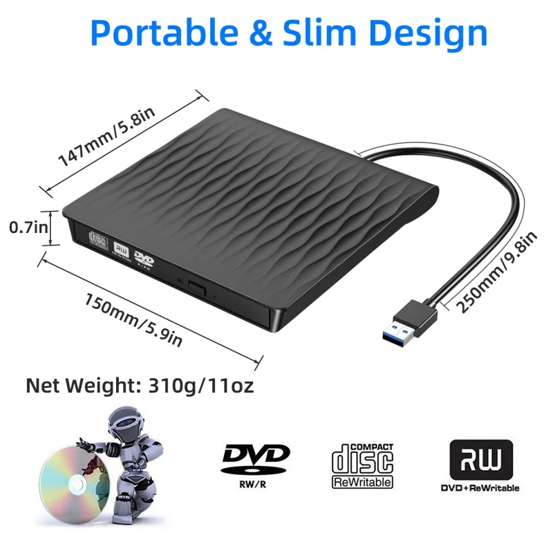 Внешний CD DVD диска USB 3,0 тонкий Портативный внешний RW записывающийся-высокая Скорость данных Передача USB оптических дисков