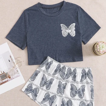 

Two Piece Sets Butterfly Print Women Homewear Casual O-Neck Comfortable Breathable Pajamas Female Crop Tops T-Shirt Short Pants