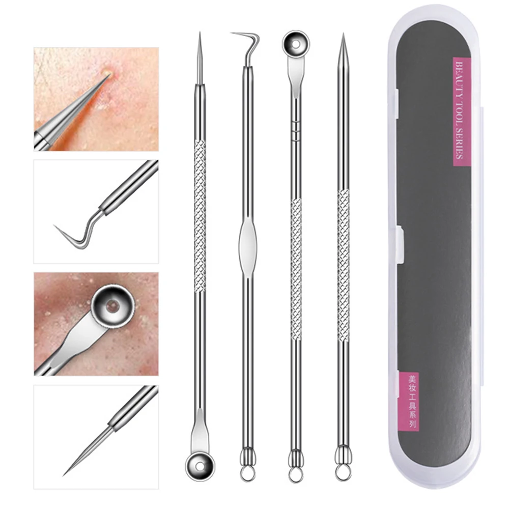 4 unids/set Dual jefes aguja de cabeza negra del acné mancha apretar Extractor para espinillas removedor de un limpiador de belleza herramienta de cuidado de la piel Kit