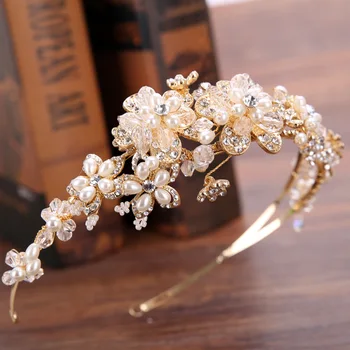 

Fashion Bride Crown flower shape Rhinestone Wedding Headband ivory white Pearl Wedding Headpiece Crown Accessories
