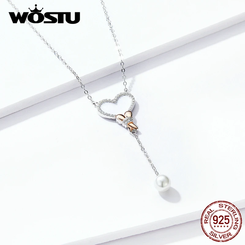 WOSTU, настоящее 925 пробы, серебряное ожерелье в форме сердца с жемчугом, свисающая цепочка для женщин, свадебные ювелирные изделия 925, BNN154