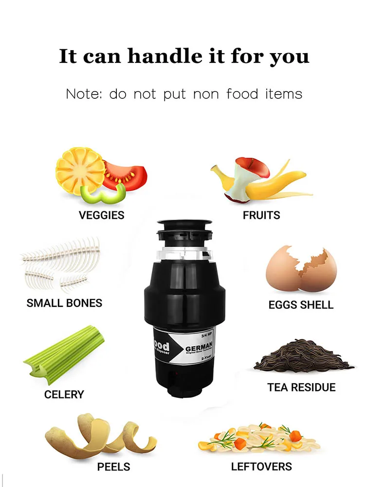 850W motor garbage processor disposal Crusher 3/4HP Continuous Feed Food Waste Disposer Stainless steel Grinder Air Switch 2