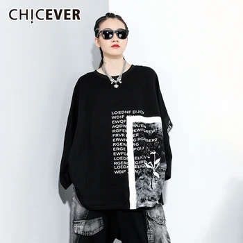 

CHICEVER Letter Print T Shirt For Women O Neck Long Sleeve Hit Color Oversized Designer Black T Shirts Female 2020 Fashion Tide