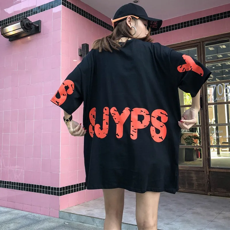 

Fashion Letter Print Women's Long Top Black Loose Casual Plus Size Tee Hip Hop Style Letter Female Top Half Sleeve Black Tee
