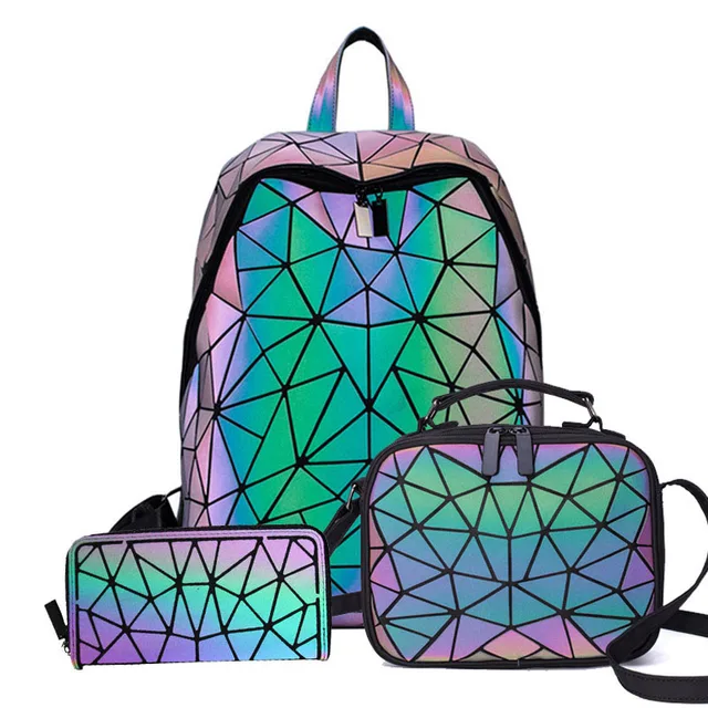 Luminous Backpacks Women Geometric 14inch Laptop Backpack Shoulder bao bag Backpack Holographic Rucksack Female Trave School Bag