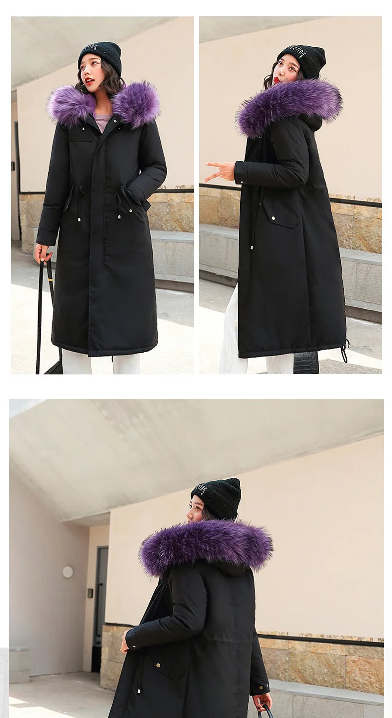 Зимнее женское пальто, большой меховой воротник с капюшоном, хлопок, шерсть, длинная куртка, Женская парка, верхняя одежда размера плюс, Jaquetas Feminina