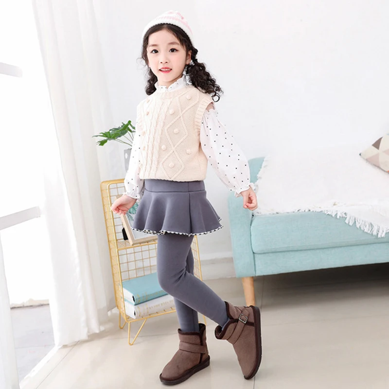 Бархатные леггинсы с юбкой для девочек зимние теплые штаны подростков флисовой