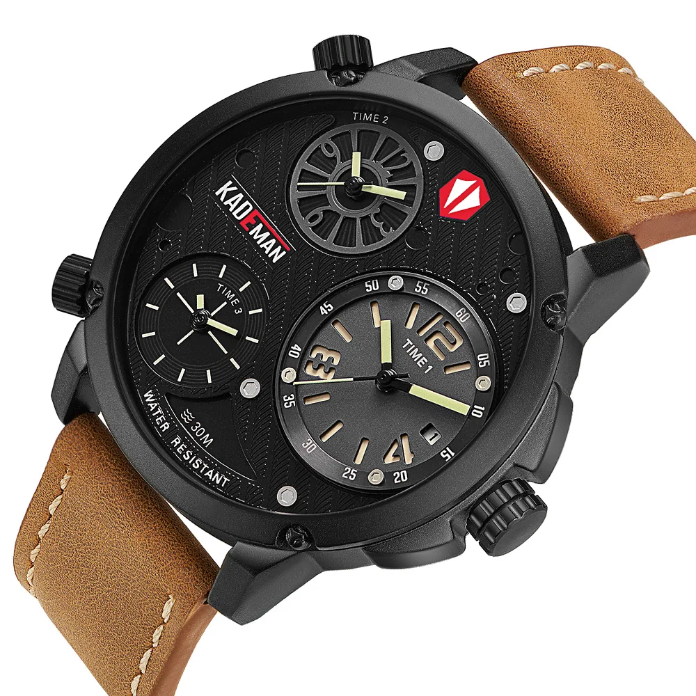 

Relogio Masculino KADEMAN Sports Chronograph Men's Watches Leather Waterproof Big Dial 3 Time Zone Watch Top Brand Luxury Clock