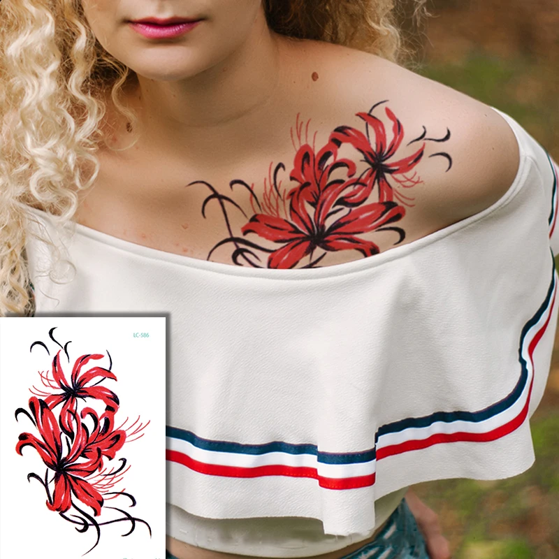 Tatuagem falsa lírio de aranha vermelha, tatuagens temporárias à prova  d'água, com flores vermelhas, para mulheres, clavícula, braço e corpo,  adesivos de arte por atacado|Tatuagens temporárias| - AliExpress