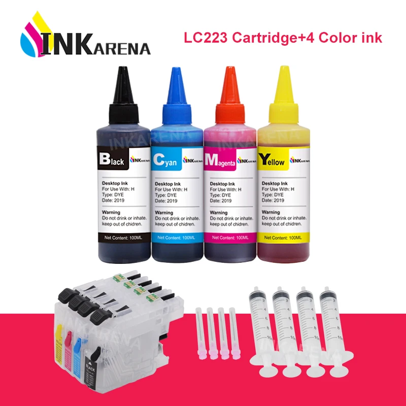 

INKARENA 4×100ml Printer Ink + LC223 XL Refillable Ink Cartridges For Brother LC 223 221 225 227 229 MFC J5320DW J5620DW J5625DW