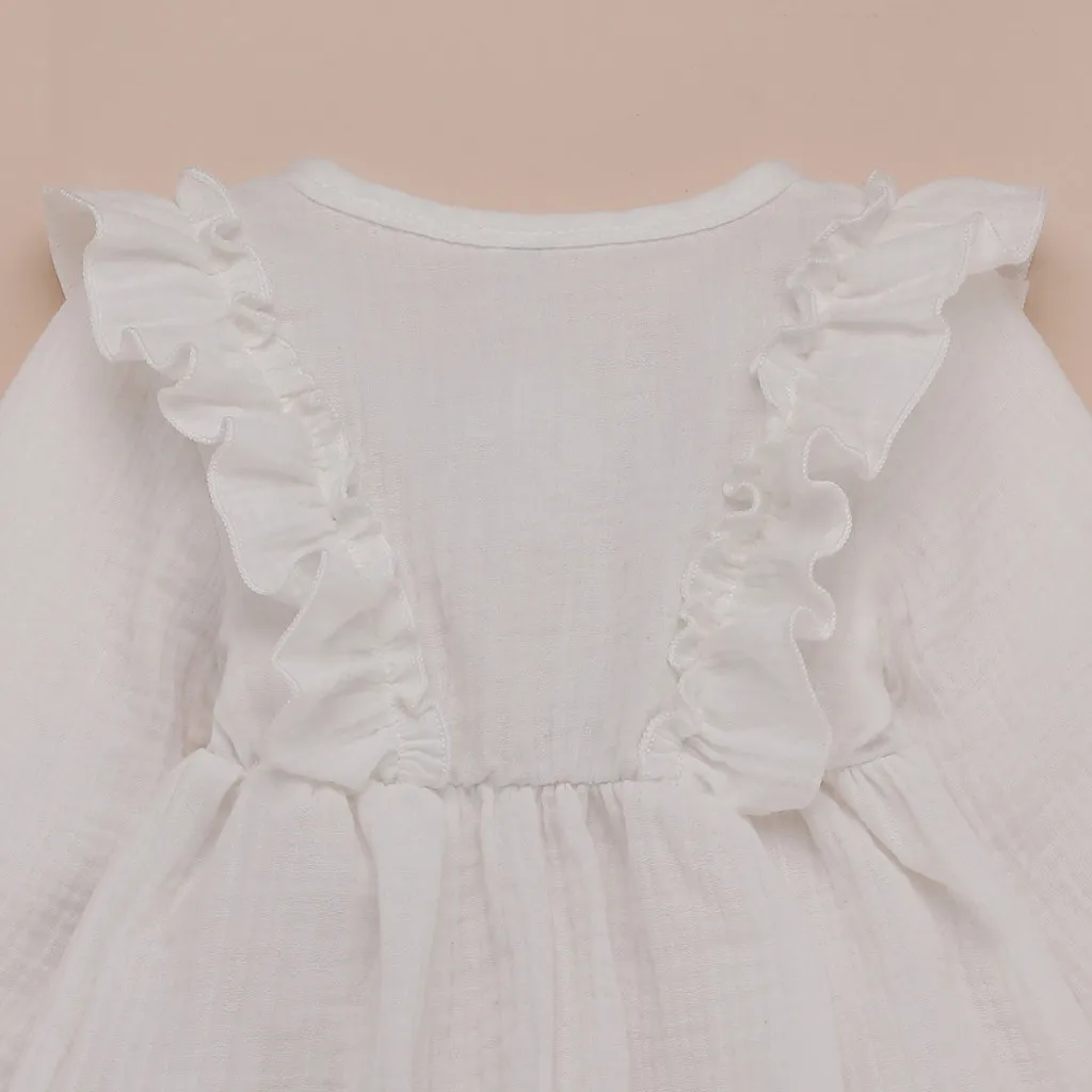 Лидер продаж, Детские платья для девочек ясельного возраста, однотонное льняное праздничное платье принцессы с рюшами на пуговицах, одежда подарок на Рождество, платье@ 45