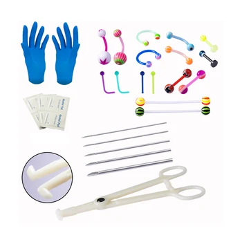 

HONGTU Piercing Set Acrylic Nose Lip Tongue Piercings Navel Ring Industrial Earring Body Piercing Tools Kit Clamp Gloves Needles