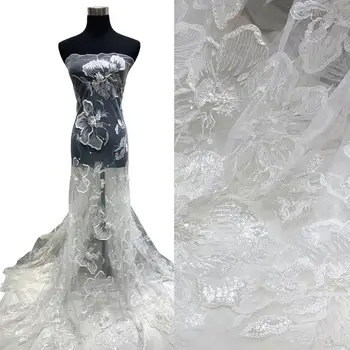 

Pure White Color Hand Craft Superoir Quality Flower Pattern New Style Embroidery Beaded Lace Fabric Nice For Bride Wedding Dress
