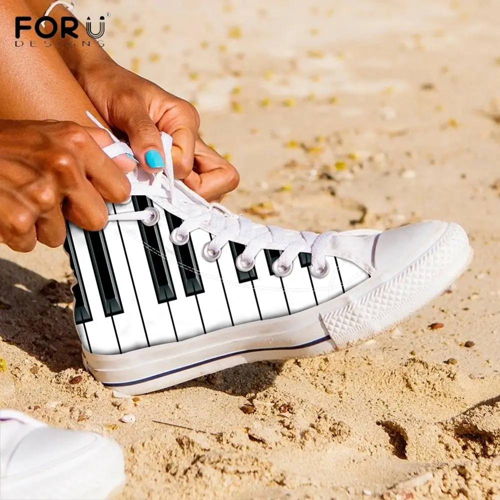 

FORUDESIGNS Musical Notes Piano Keyboard Pattern Women High Top Canvas Shoes Casual Ladies Footwear Spring Gift for Girl Sneaker