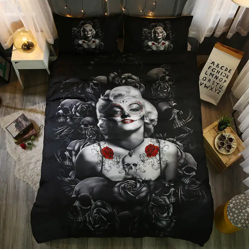 

3D printed bedding sets black background sexy woman monroe and skull and rose printing bedding sets 2/3 pcs