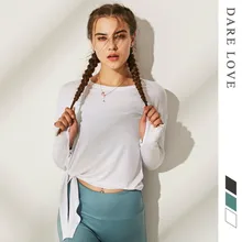 Белый длинный рукав женщины футболка Фитнес Женская Спортивная одежда на открытом воздухе Досуг Сторона Сплит йога спортивный топ Бодибилдинг футболка