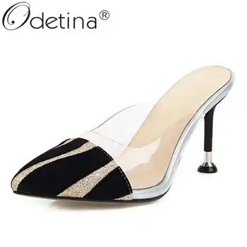 

Odetina Women Stiletto kitten High Heel Glitter Casual Sandals Ladies Retro Almond Toe Pull On Striped Slingbacks Party Sandals