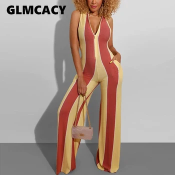 

Women Causal Color Block Striped Sleeveless Jumpsuit Summer Zipper V Neck Long Pants Casual Overalls Wide Leg Loose Jumpsuit