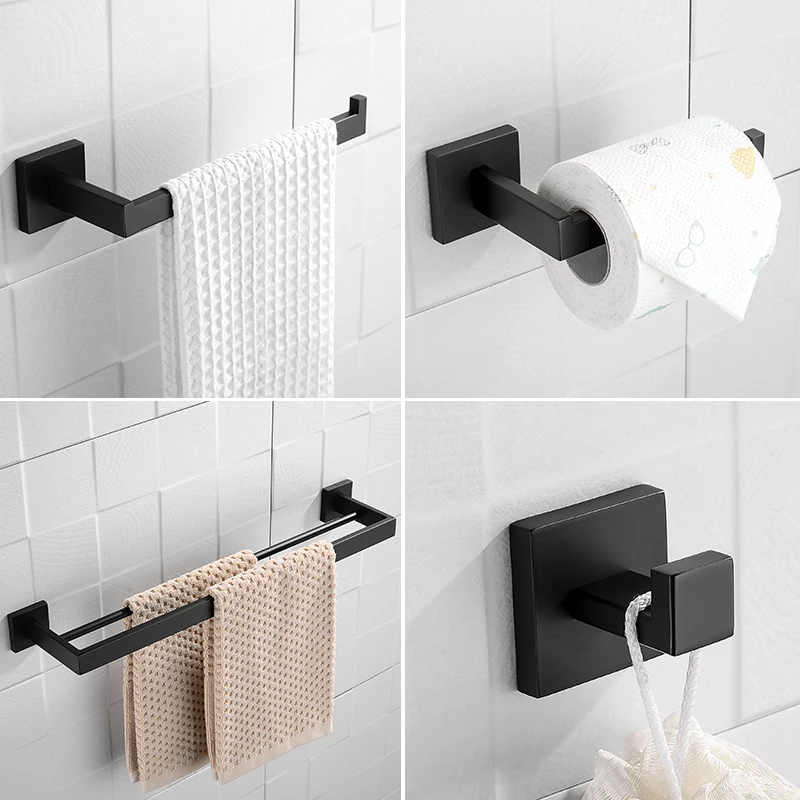 Juego de accesorios de baño, barra de toalla de mano, soporte para papel  higiénico, anillo de toalla y gancho para bata, 4 piezas, acero inoxidable