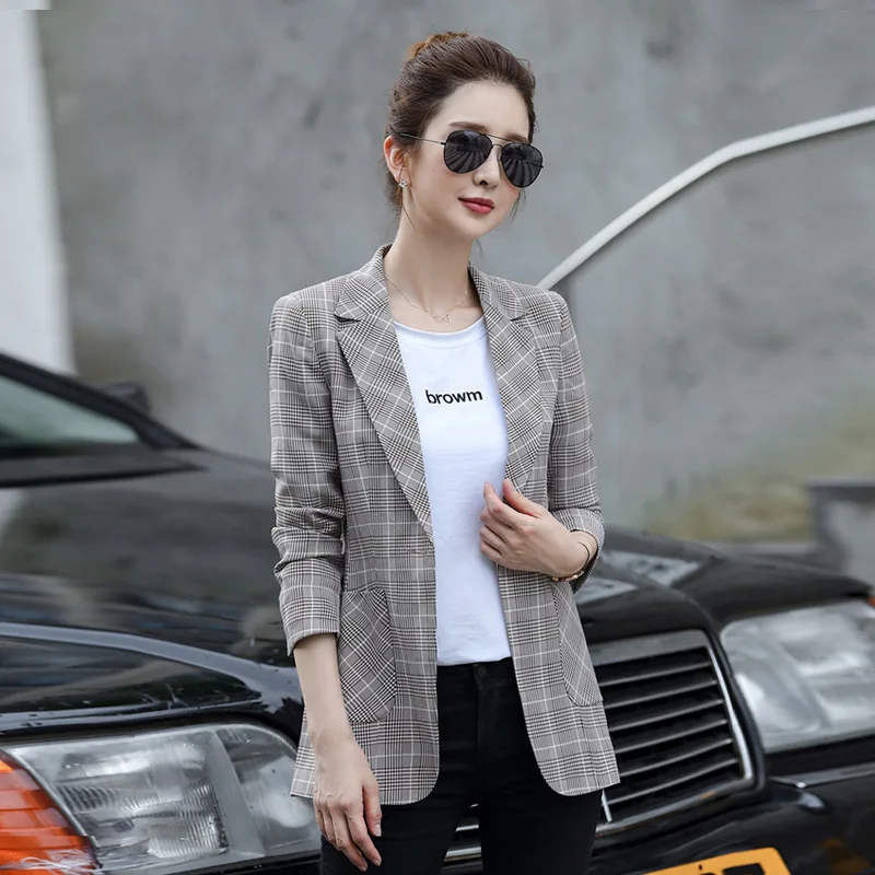 

CHIC Network Red Plaid Small Suit Coat Women's Mid-length 2019 Early Autumn New Style Korean-style Slim Fit Long Sleeve Suit Wom