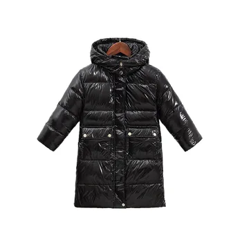 

New children's down jacket Girls' stylish bright black long down jacket Winter warm & waterproof girls' solid color thick coat