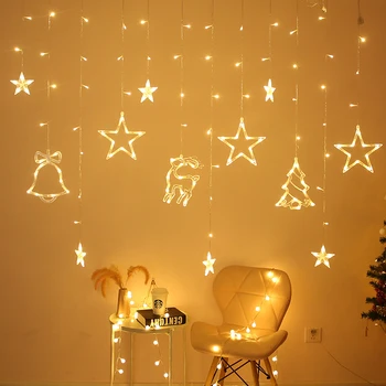 

1 Set Fairy Christmas Lights Xmas Tree Bell Deer Star LED String Light Christmas New Year Party Curtain Outdoor Hanging Decor