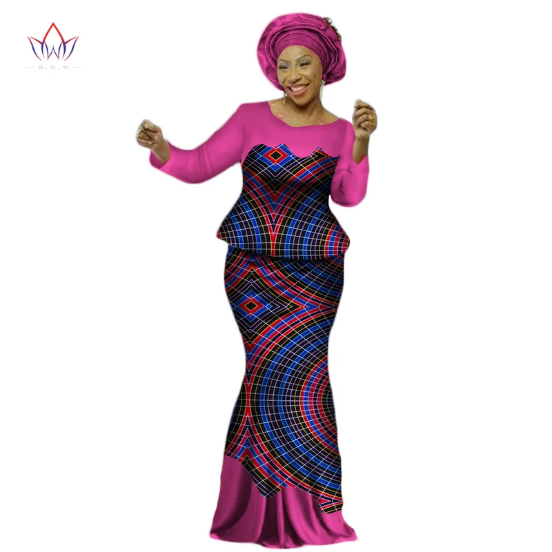Africa Style Bazin Riche Dresses for Women Two Pieces Set Women Long Sleeve Tops and Long African Print Skirt Plus Size WY2454 - Цвет: 18