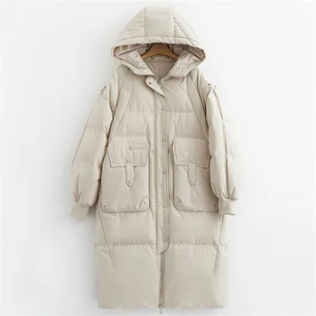 

2019 Down Jacket Winter Ladies Coat Long Over The Knee Hooded Fashion Warm Outerwear Solid Color White Duck Down Overcoat JIU150