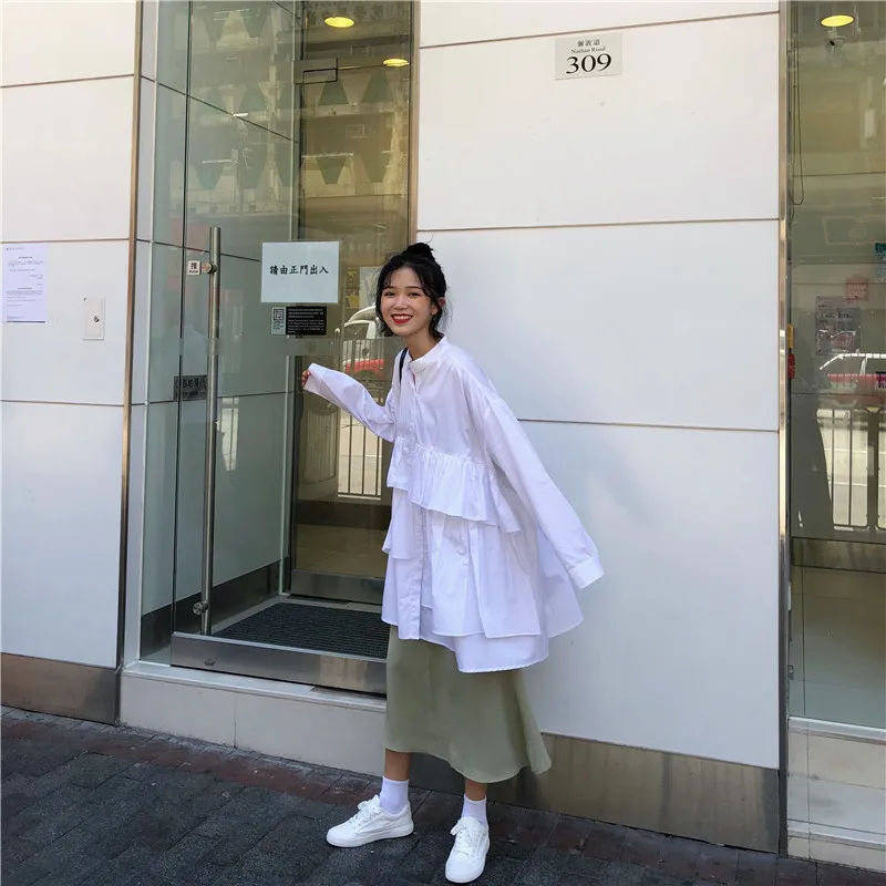 Korean Fashion Women Blouse 2020 Spring Summer Long Sleeve Fake Two Piece Patchwork Pullover Loose White Shirts Female Tops