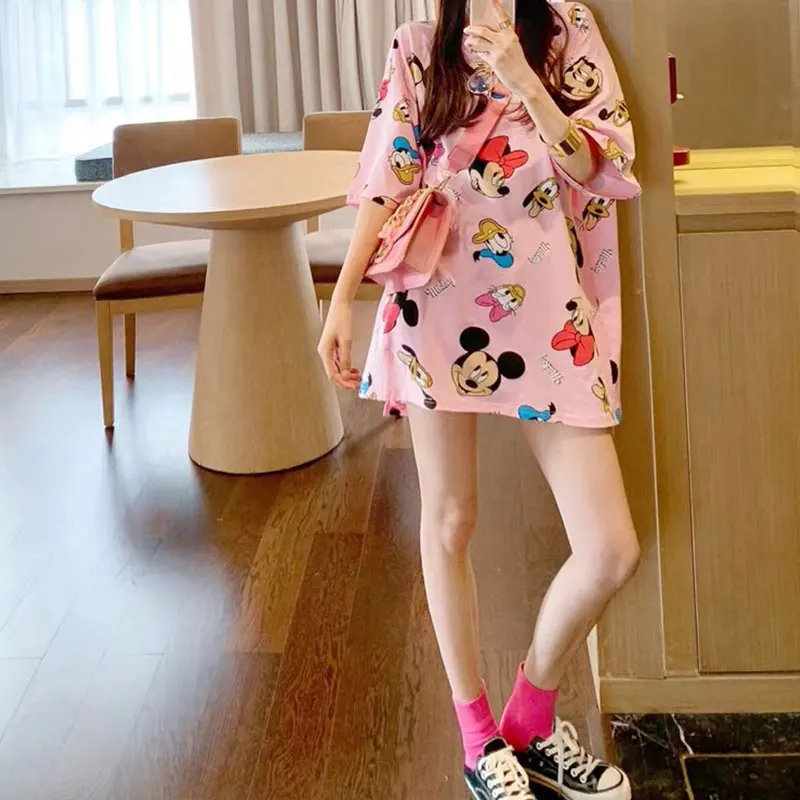 

Summer New Women Short Sleeve T-shirt Cartoon Mouse Print O Neck Tee Large Size Female Long Bottoming Shirt Losse Harajuku Top