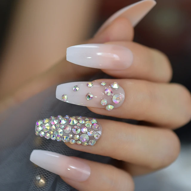 3d Rhinestones Gem Ombre Gradient Pink Nude French Ballerina Press On False Nails Extra Long Natural Coffin Uv Fake Fingers Nail False Nails Aliexpress