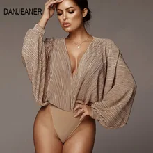 DANJEANER Deep V-Neck Patchwork Sexy Bodysuit Women Fashion Long Sleeve Loose Women Rompers Spring Casual Bodysuit Jumpsuit