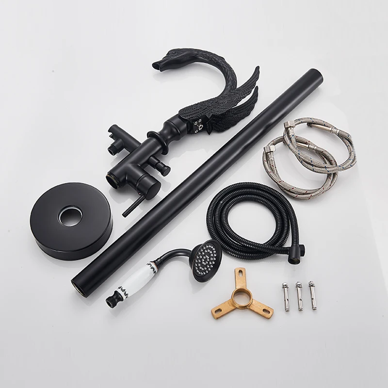 Swan shape Chrome  Floor Standing Bathtub Faucet  Bathroom Faucet Telephone Style Bathtub Tap 360° Rotation Ceramic Handle 6