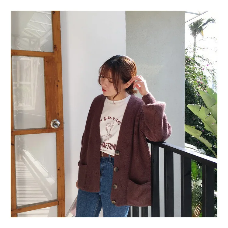 Женский кардиган свитер с v-образным вырезом Свободный Трикотаж однобортный Повседневный вязаный женский кардиган верхняя одежда зимняя куртка Женский пиджак