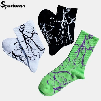 

Hip Hop Crew Socks Men Harakuju Streetwear Lightning Printed Socks Cotton Fashion Hipster Socks Skateboard Black White Green