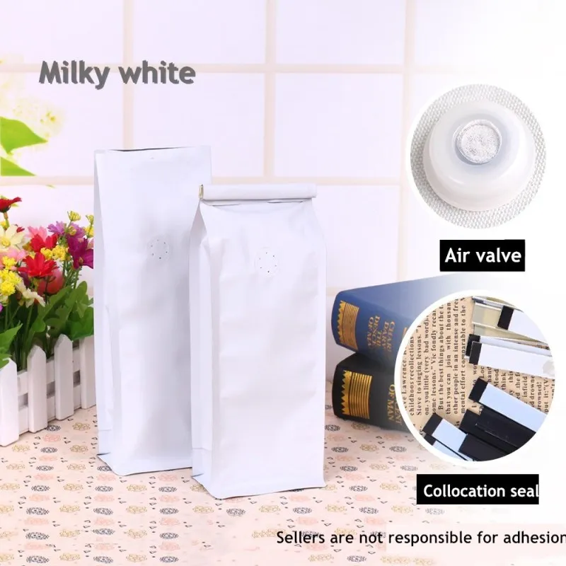 Цветная полуфунтовая алюминиевая фольга с дышащим клапаном, стоящий мешок для кофе, чая, многоразовый газовый клапан, мешок для еды - Цвет: White