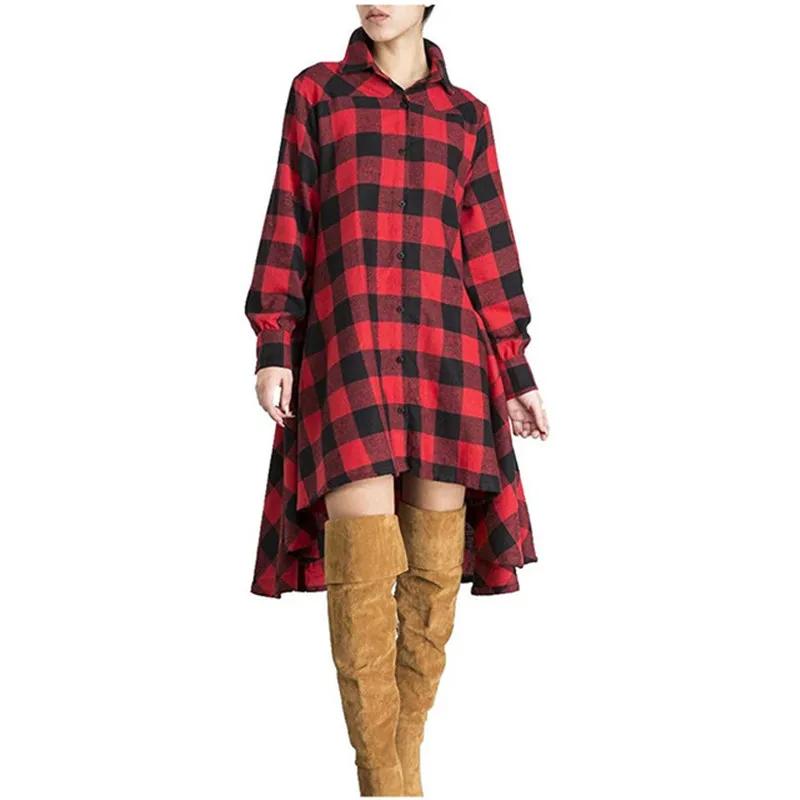 

Spring Autumn Fall Long Sleeve Checked Dress Women Plaid Shirt Dress Casual Boho Vintage Checkered Dresses Red Clothes Hot Sale