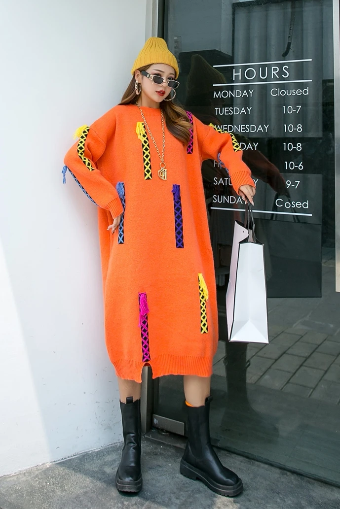 Vefadisa Black Orange Plus Size Knitting Long