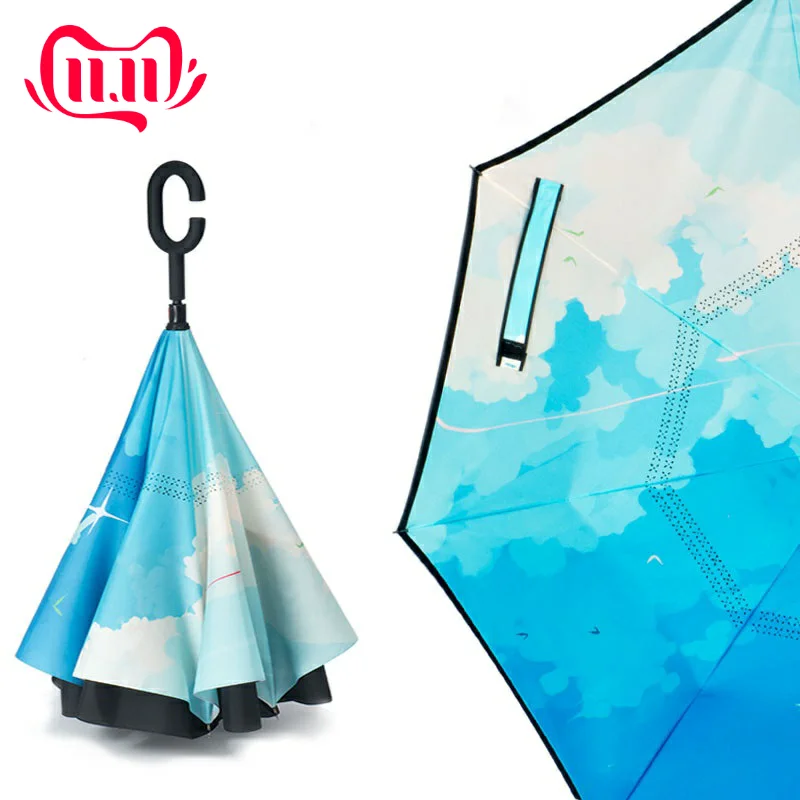 

1PCS City Sky Reverse Double Layer Inverted Umbrella Self Stand Rain Protection Long Hands Folding For Car Fishing