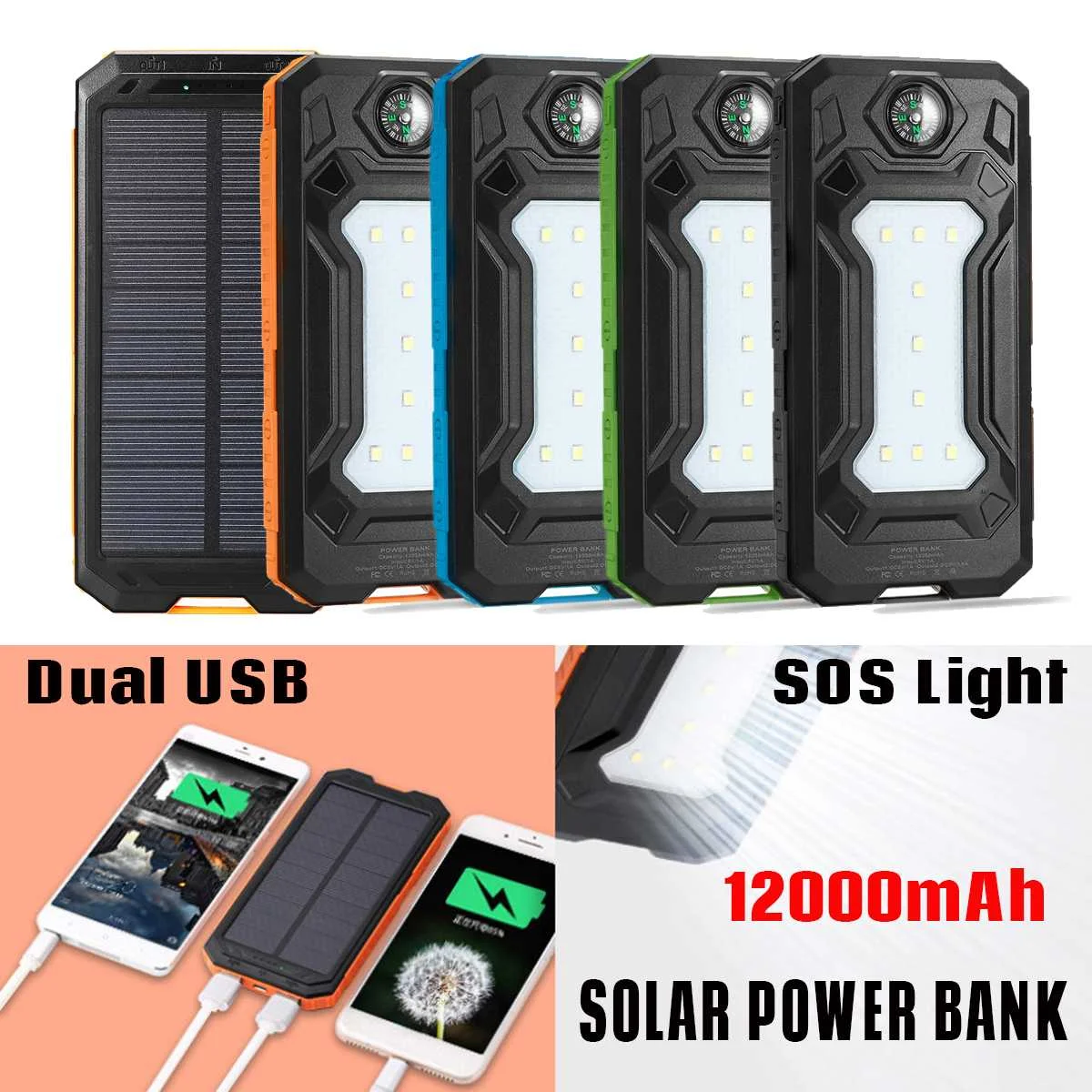 

High Quality Solar Power Bank Waterproof 12000mAh Solar Charger 2 USB Ports External Charger Powerbank for Xiaomi for iphone