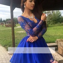 Синие платья для выпускного вечера А-силуэт v-образный вырез Короткие Мини Аппликации Кружева Элегантные коктейльные платья