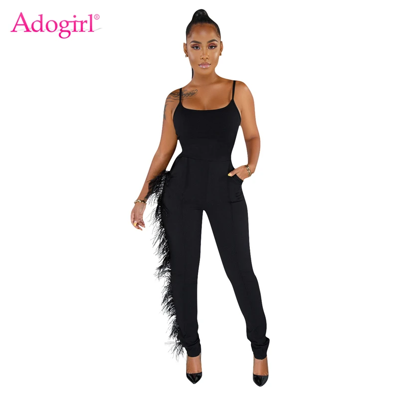 

Adogirl Side Feather Spaghetti Straps Jumpsuits Women Solid Pockets Skinny Romper Casual Slim Bodysuits Female Overalls Outfits
