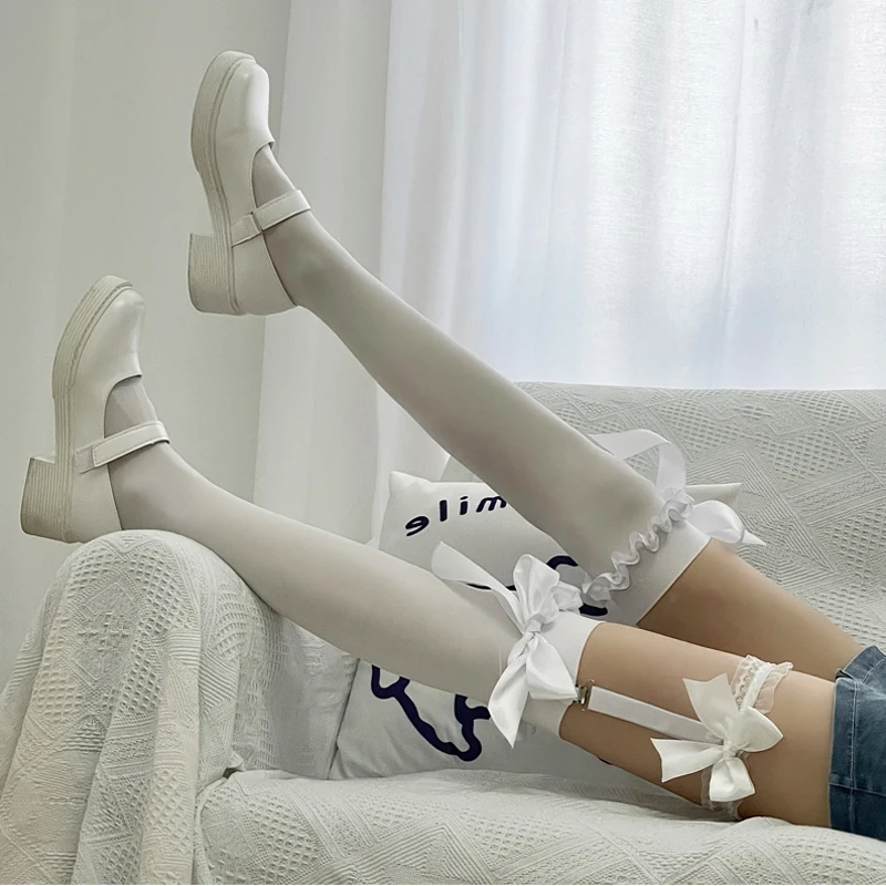 

Japanese White Silk Over The Knee Socks Jk Summer Thin Loli Satin Bow Ribbon Buckle Stockings