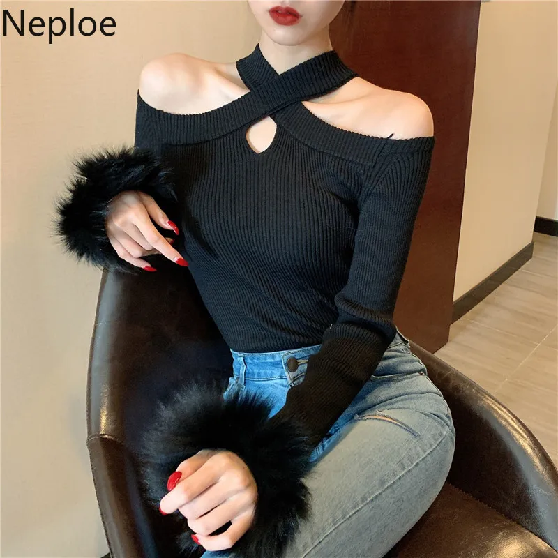 Neploe, сексуальный пуловер без бретелек, вязанный, меховой, пэтчворк, длинный рукав, тонкий свитер,, Осень-зима, Одноцветный, вязанный джемпер 56147