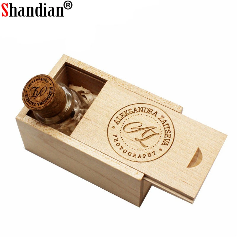 SHANDIAN бесплатный логотип стеклянная бутылка USB + коробка флэш накопитель Флешка 64