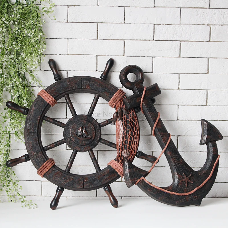 Land In Seagoing Vessel Rudder Ocean Wind Helmsman Bar Background Wall Hang Ornament Solid Wood Rudder Pendant - Цвет: Black