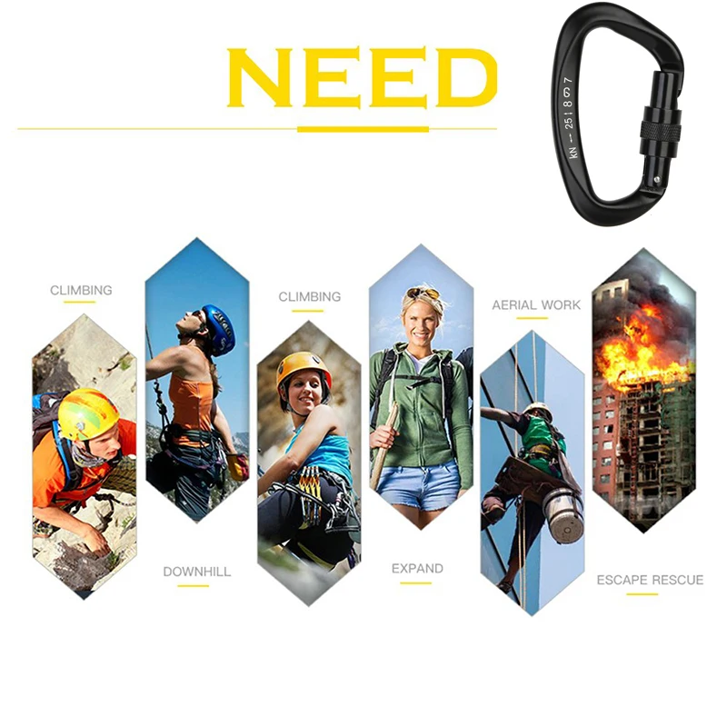 25KN Rock Climbing Carabiner D-Shaped Locking Screw Buckle Hook With Screwgate EDC Clip For Backpack Hiking Outdoor Camping Gear