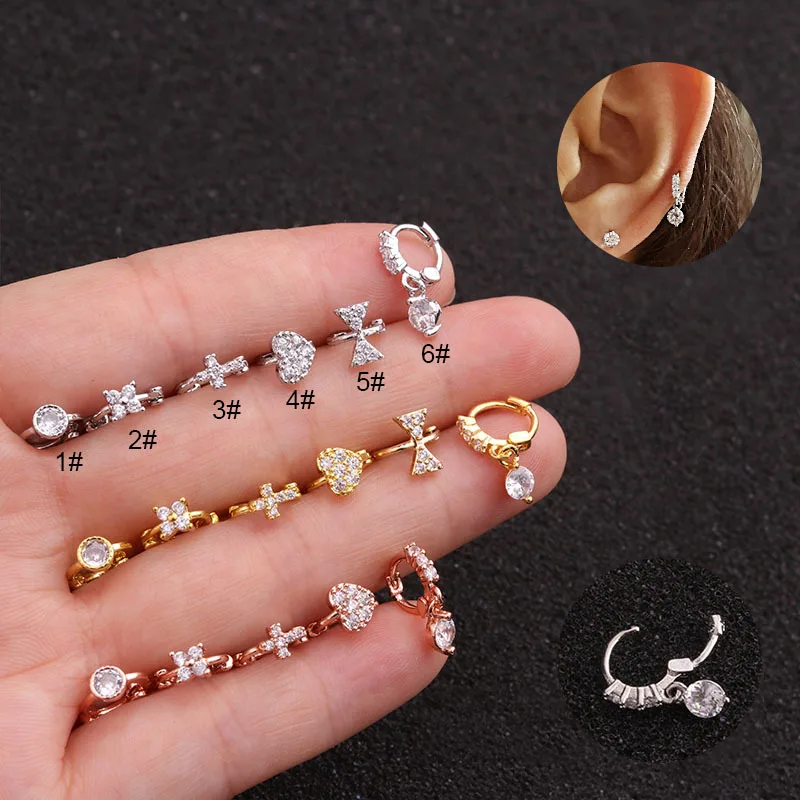 

1Pc Bow Cross Heart Flower Small Hoop Round Cz Cartilage Huggie Earring Tiny Tragus Helix Rook Ear Piercing Jewelry