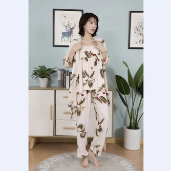 

Smmoloa Female Silk Cotton Pjamas 3 Piece Sets Lace Robe Sets Satin Nightwear